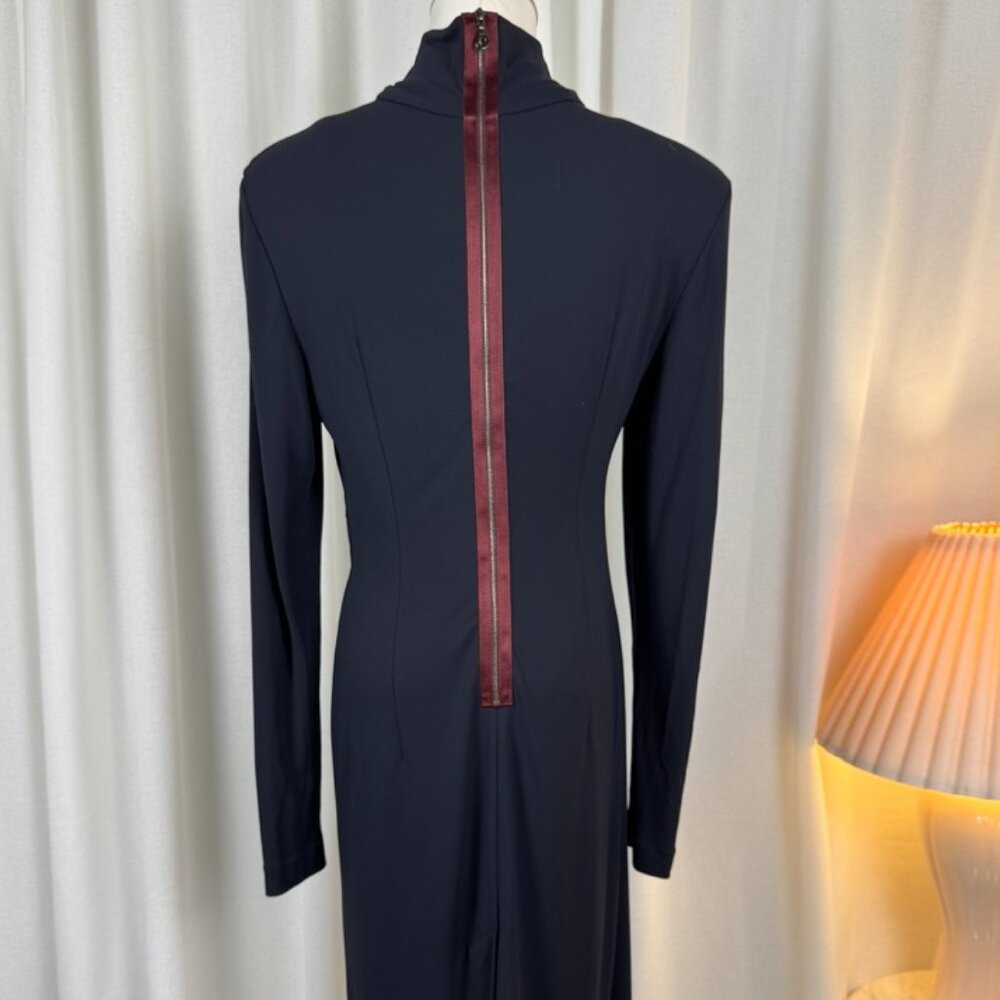 VTG Mock Neck Gathered Waist Exposed Riri Zipper Midi Dress - Picture 8 of 9